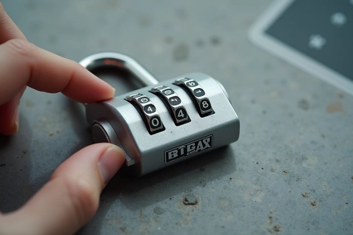 Gros plan sur les molettes numérotées d'un cadenas TSA 007 posé sur béton, doigt appuyant sur un chiffre pour trouver la bonne combinaison