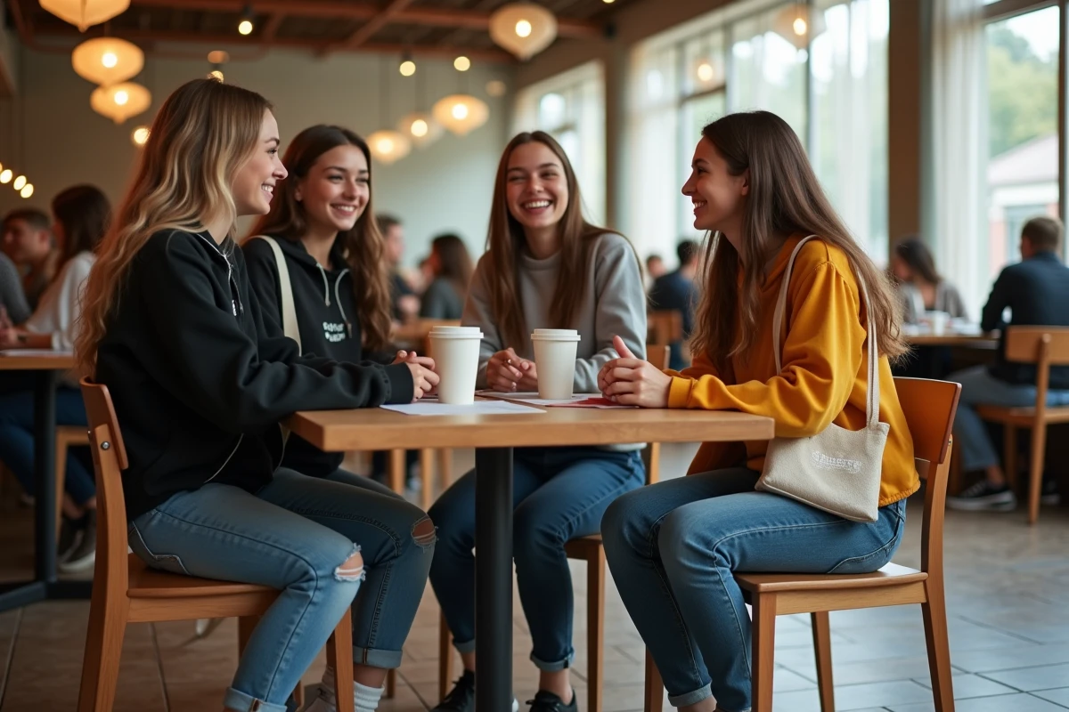 Groupe d'adolescents en marques tendance Stüssy et Vans attablés dans un café en 2024