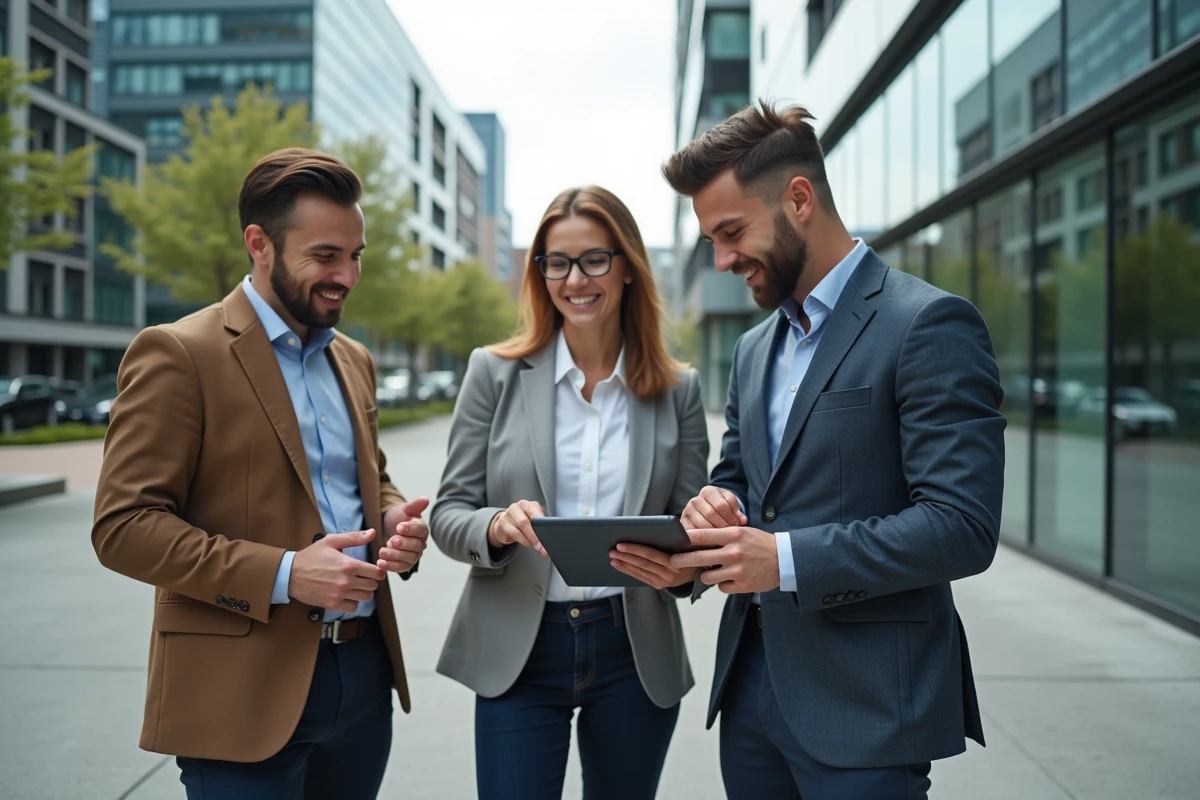 Groupe de professionnels discutant en extérieur avec tablette