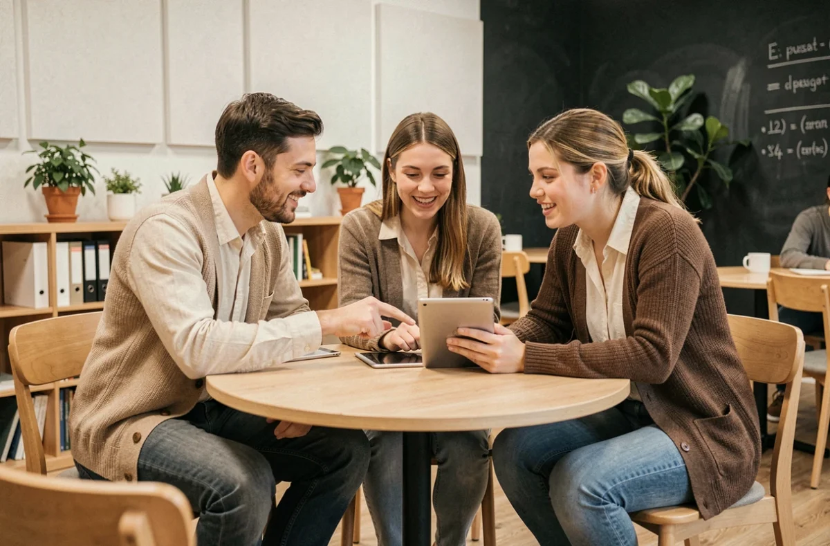 Groupe de jeunes professionnels en réunion informelle autour d'une table dans un espace de coworking au style scandinave