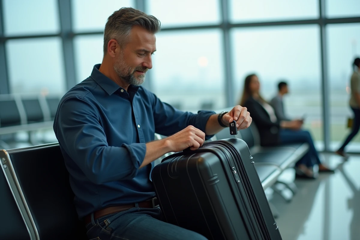 Homme assis dans un aéroport manipulant le cadenas TSA 007 de sa valise cabine pour retrouver le code oublié avant son vol