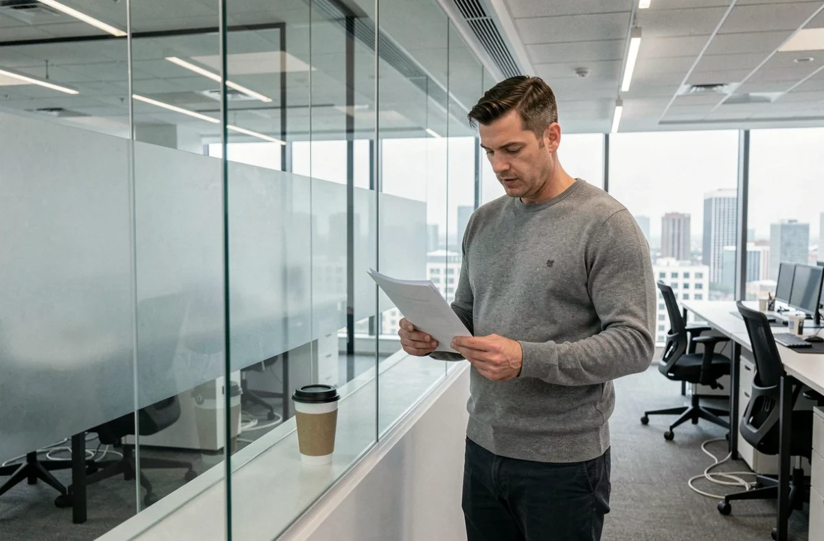 Homme d'affaires examinant des documents dans un espace de coworking contemporain avec grandes fenêtres et vue urbaine