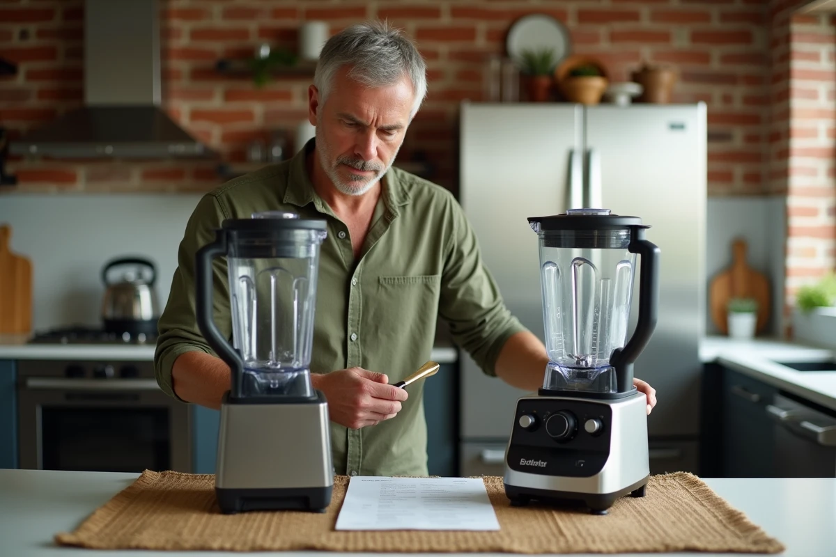 Homme comparant deux modèles de blender sur un îlot de cuisine pour choisir le meilleur pour purée d'oléagineux
