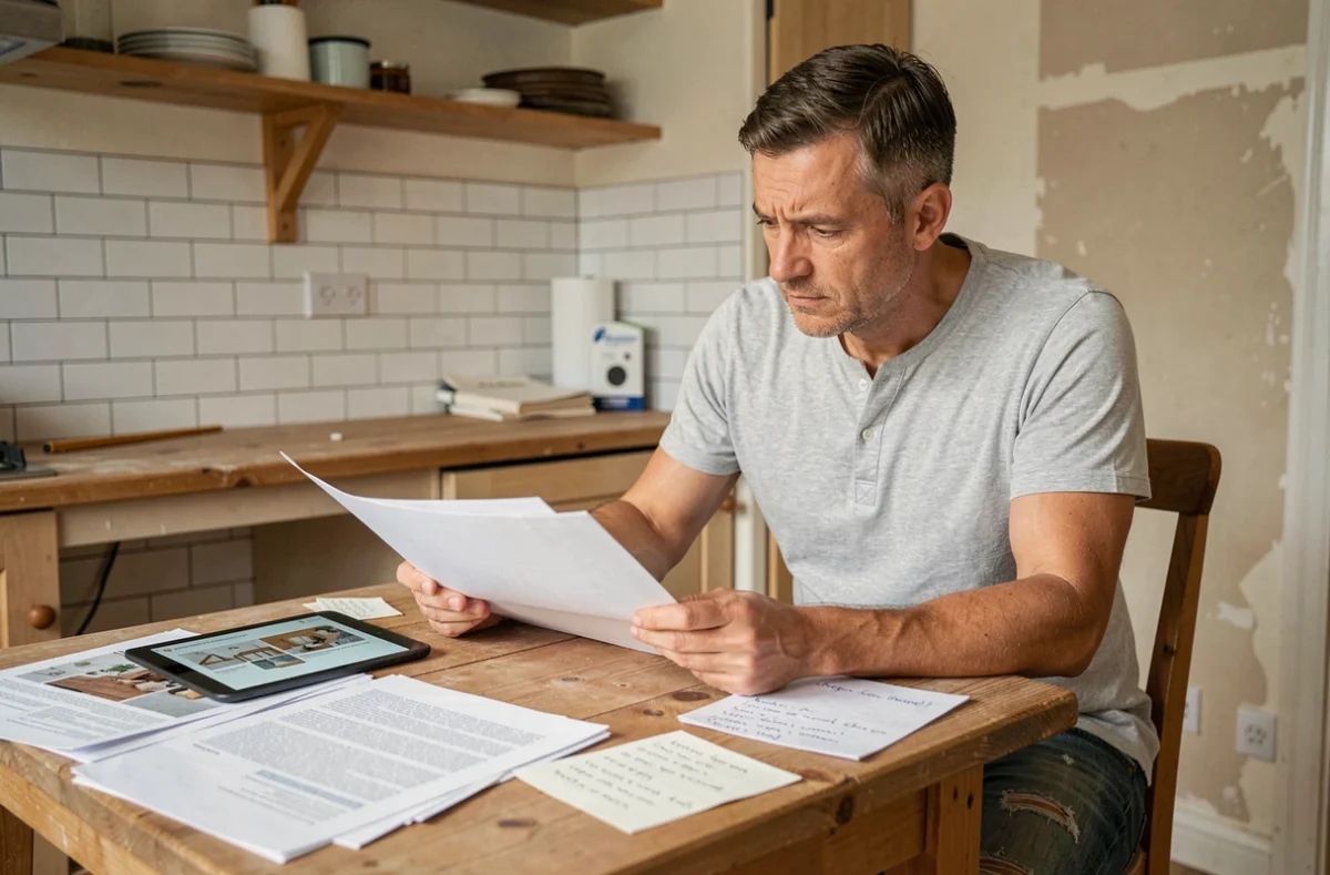 Homme consultant des guides travaux en ligne et des documents imprimés à une table de cuisine en bois lors d'une rénovation