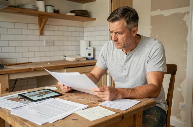 Homme consultant des guides travaux en ligne et des documents imprimés à une table de cuisine en bois lors d'une rénovation