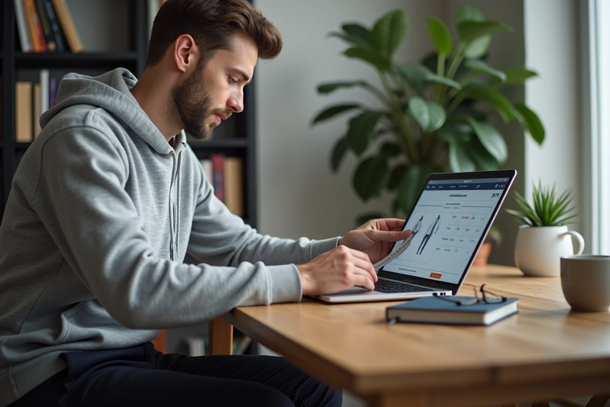 Homme consultant le guide des tailles Zalando sur son ordinateur portable à son bureau