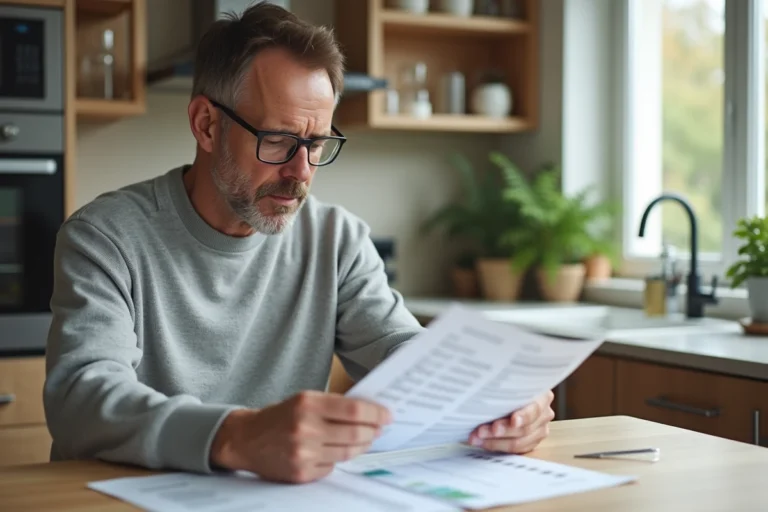 Homme d'âge moyen lisant des documents dans une cuisine lumineuse