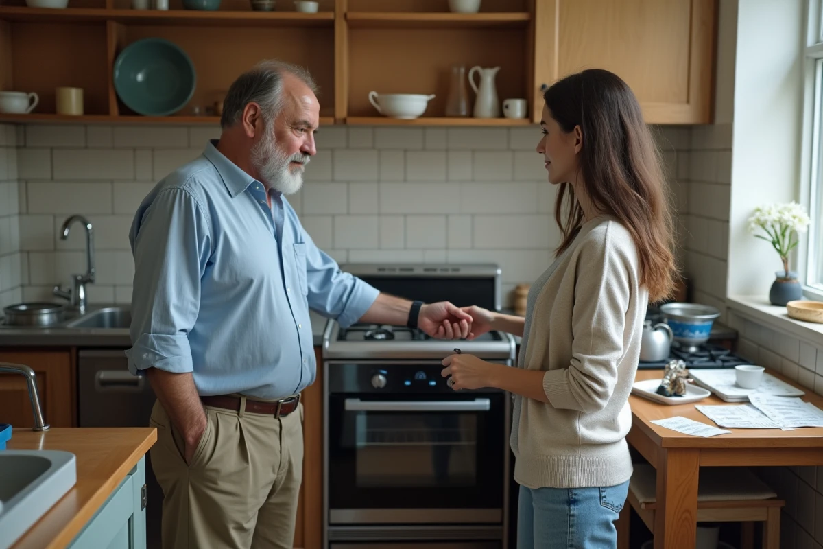 Homme et femme dans une cuisine avec un four partiellement installé