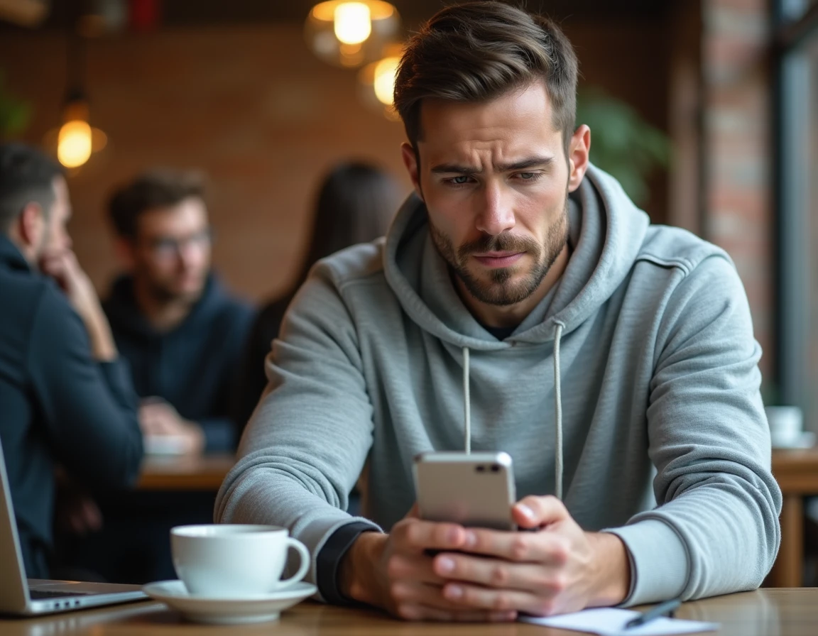 Homme vérifiant son téléphone dans un café pour identifier une arnaque liée aux leaks PinkGeek