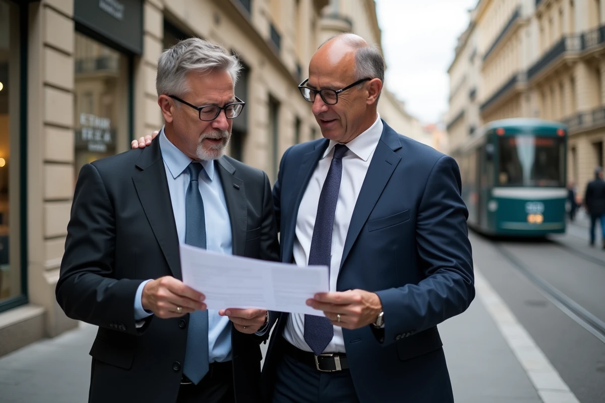 Deux hommes d affaires étudient un rapport immobilier dans la rue à Lyon