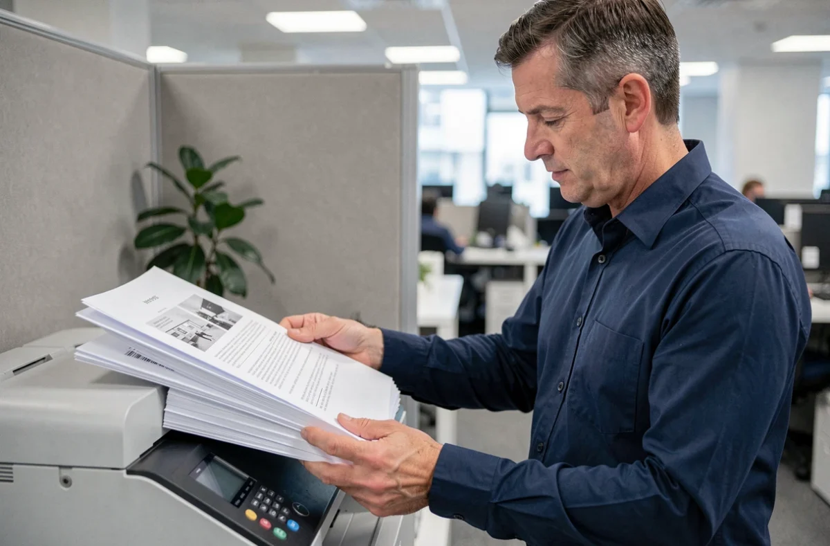 Homme professionnel récupérant des pages imprimées depuis une imprimante de bureau dans un open space