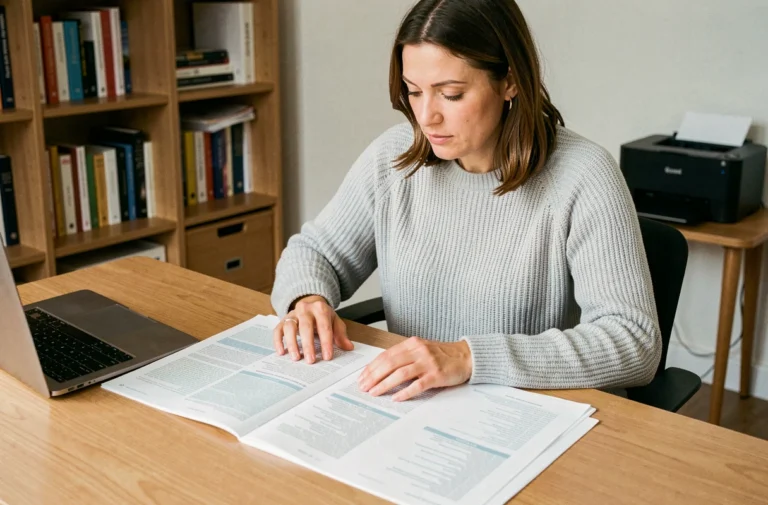 Femme consultant un document PDF imprimé sur plusieurs pages dans un bureau à domicile moderne