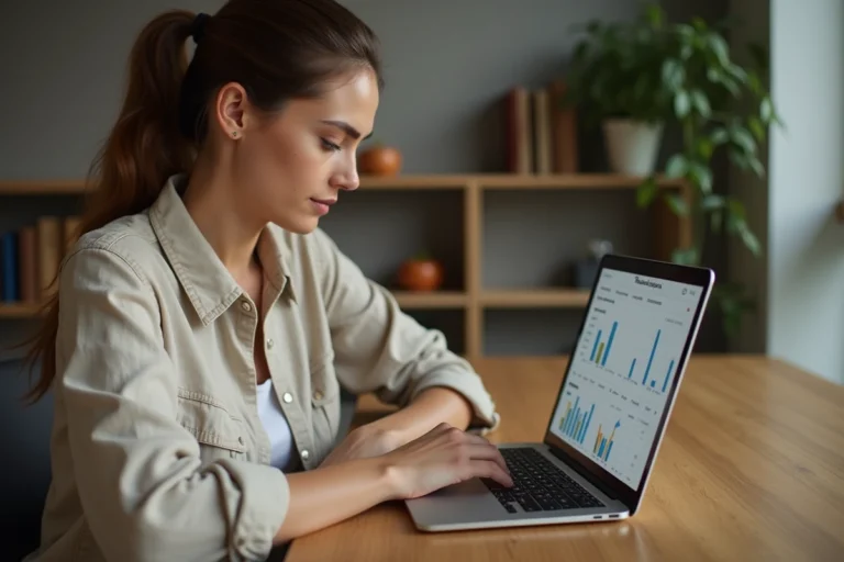 Jeune femme analysant les statistiques de son compte Instagram avec 100 000 abonnés sur un MacBook Pro dans un bureau à domicile moderne