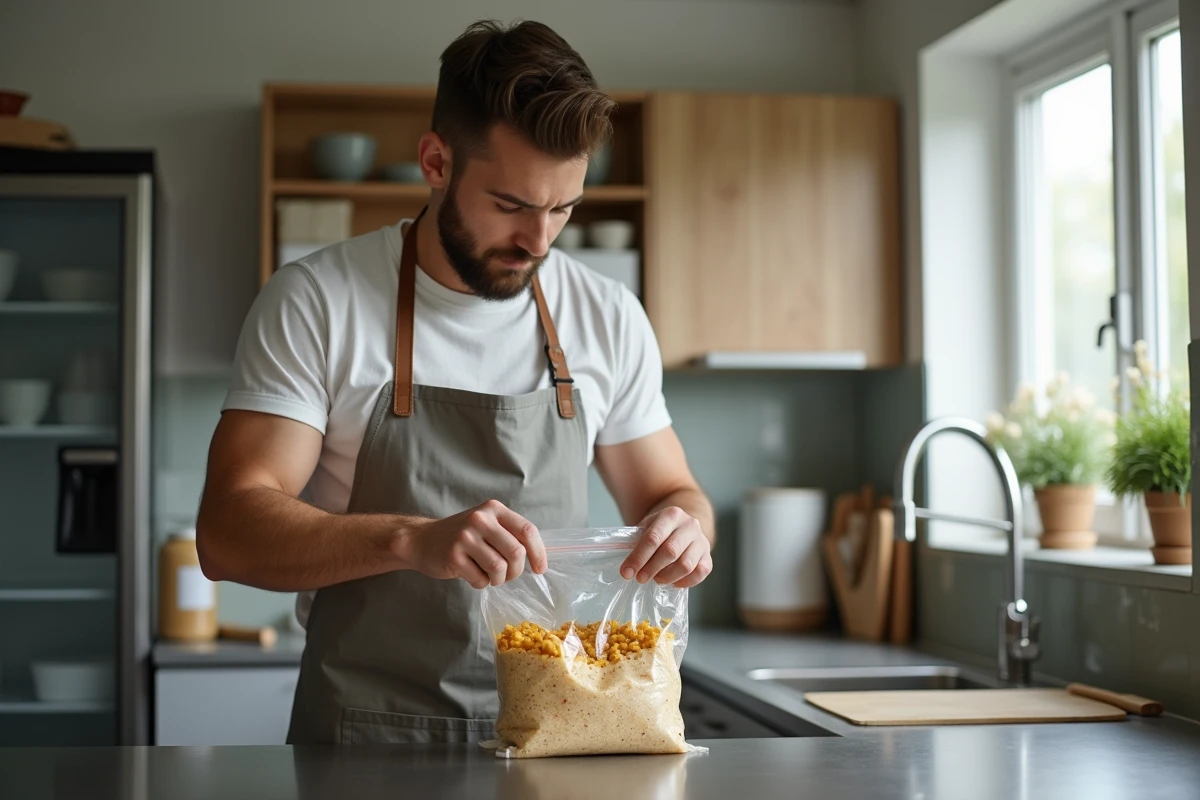 Jeune homme scellant un paquet de taboulé dans un congélateur
