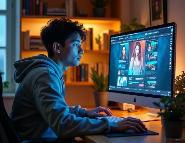 Joueur adulte concentré sur un MMORPG fantasy à son bureau, interface de jeu Dofus visible à l'écran