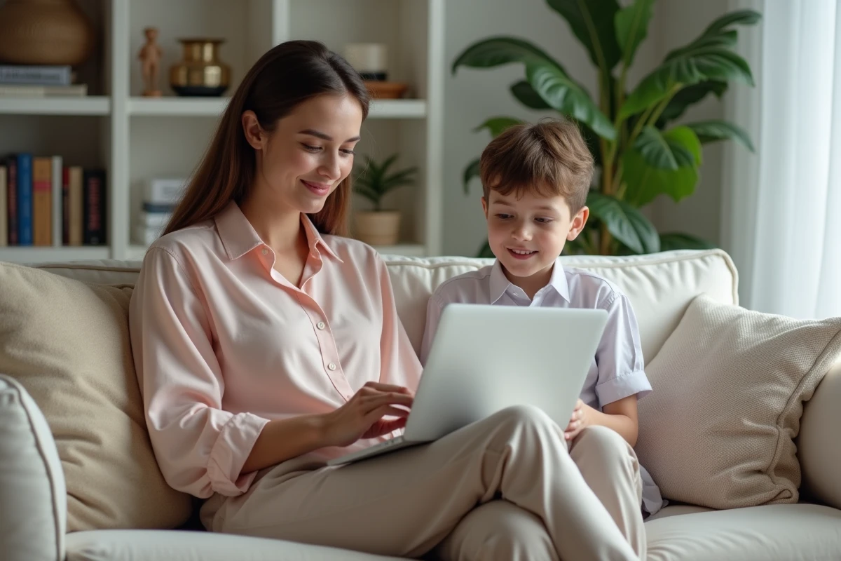 Maman et enfant discutant dans un salon cosy et moderne
