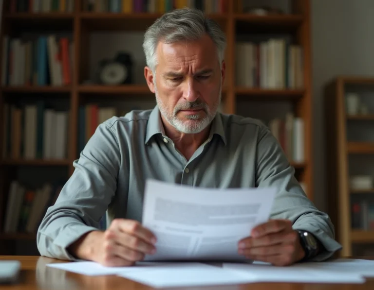 Homme lisant une lettre de notification administrative de suspension de permis de conduire à son bureau