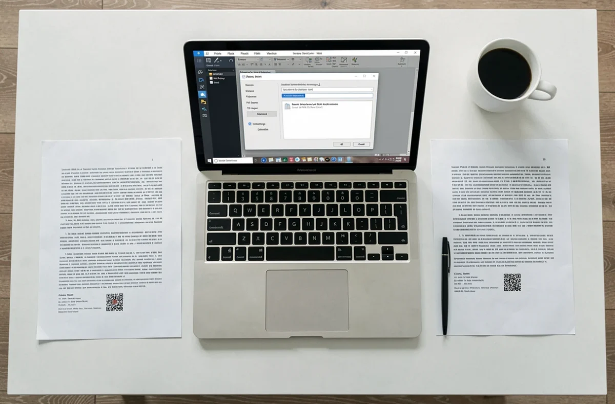 Vue aérienne d'un bureau minimaliste avec écran d'ordinateur affichant les paramètres d'impression PDF et feuilles imprimées disposées en séquence