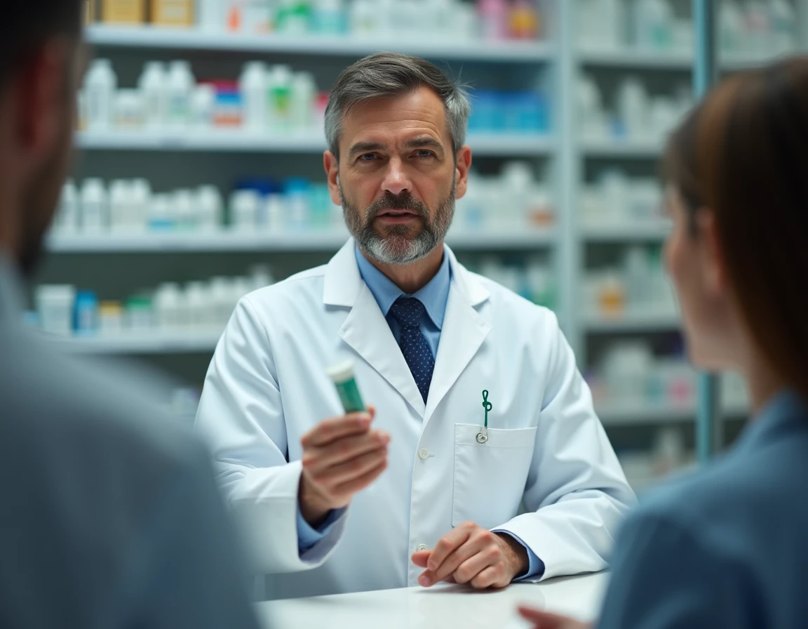 Pharmacien tenant un gel buccal et conseillant un patient sur le traitement des aphtes buccaux récurrents
