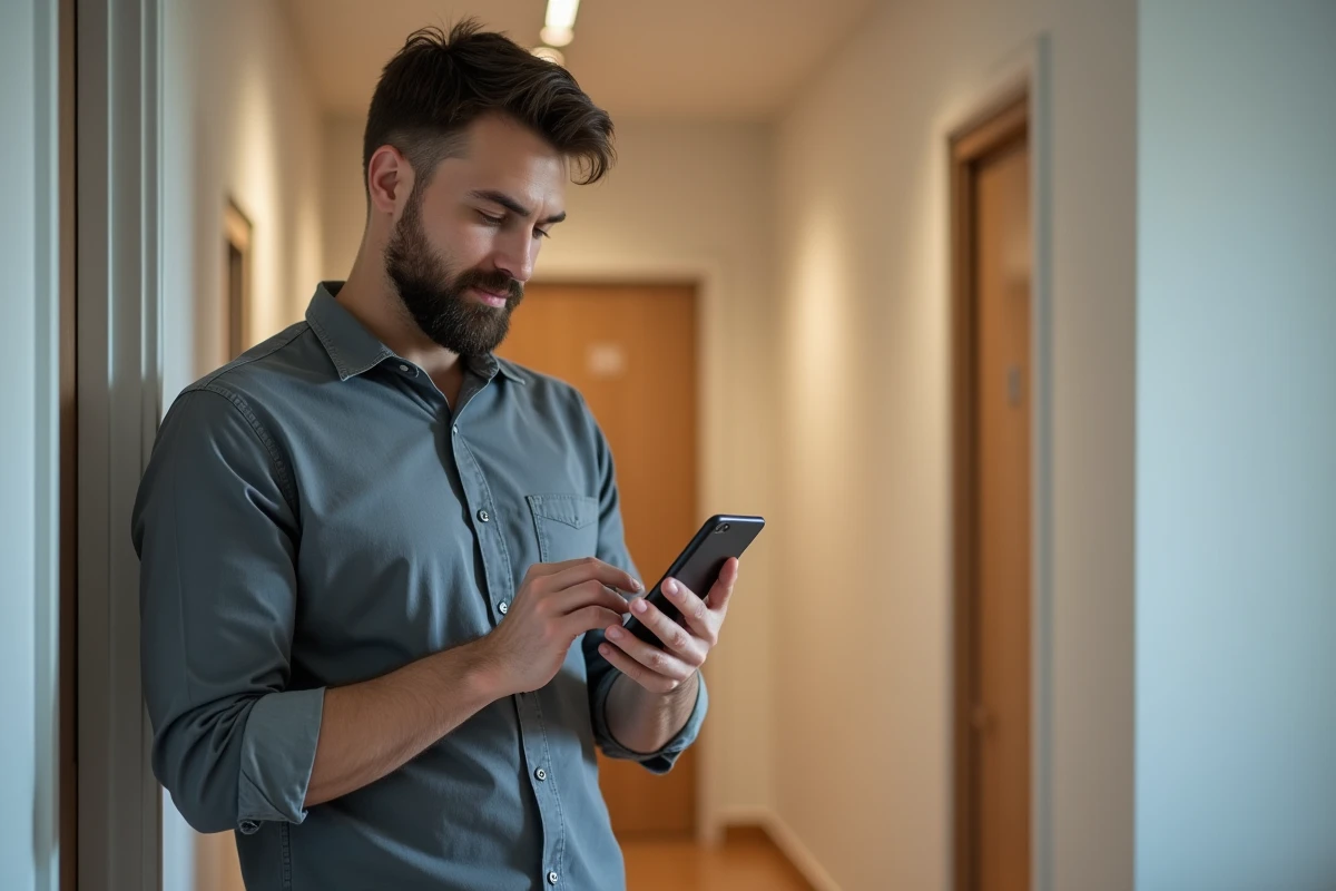 Propriétaire bailleur consultant son application de gestion immobilière sur smartphone dans un couloir d'appartement
