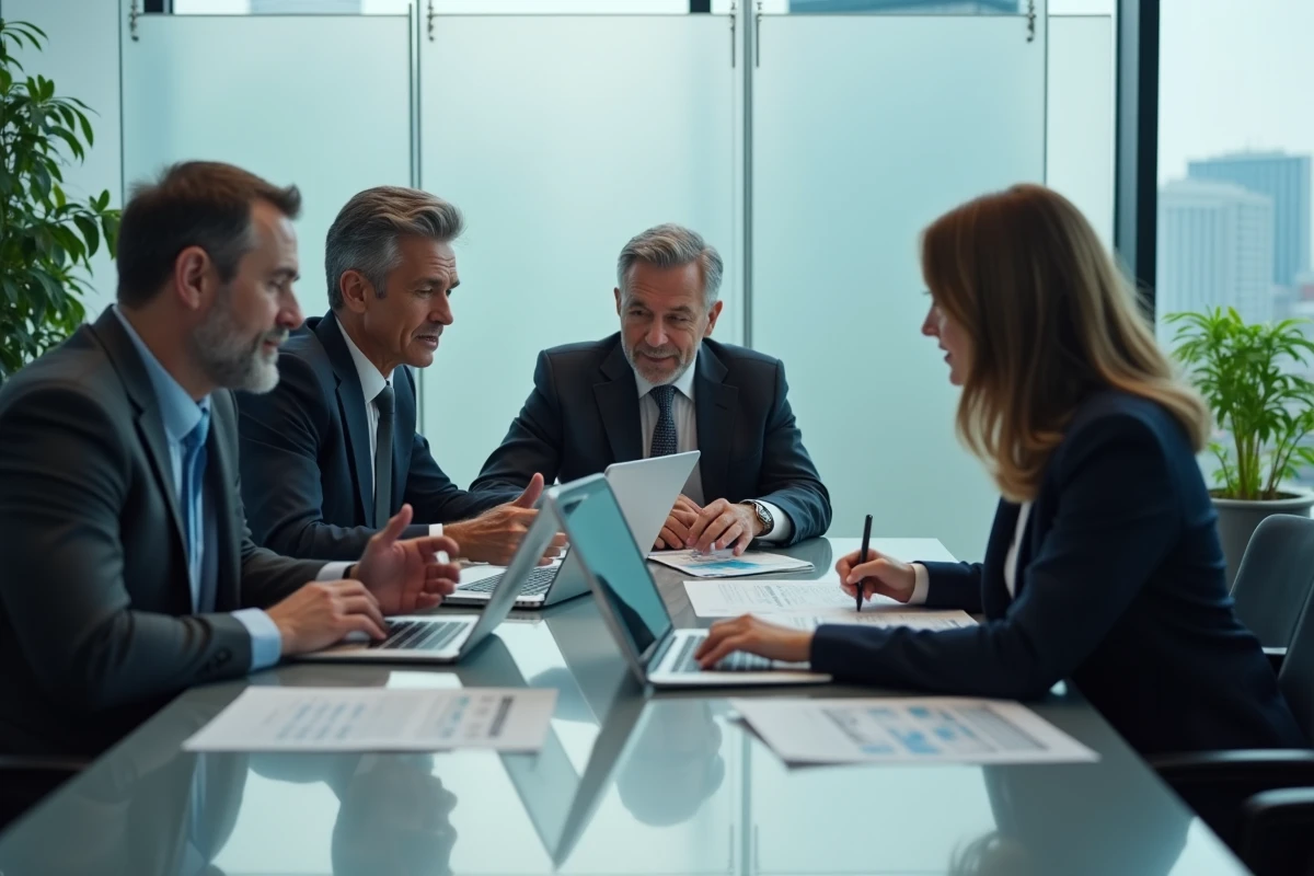 Réunion d'équipe autour d'actualités économiques et business dans une salle de conférence moderne