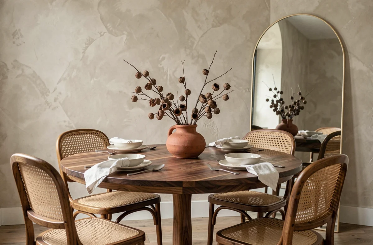 Salle à manger décorée avec table en noyer, vaisselle artisanale et miroir arqué sur mur en chaux greige